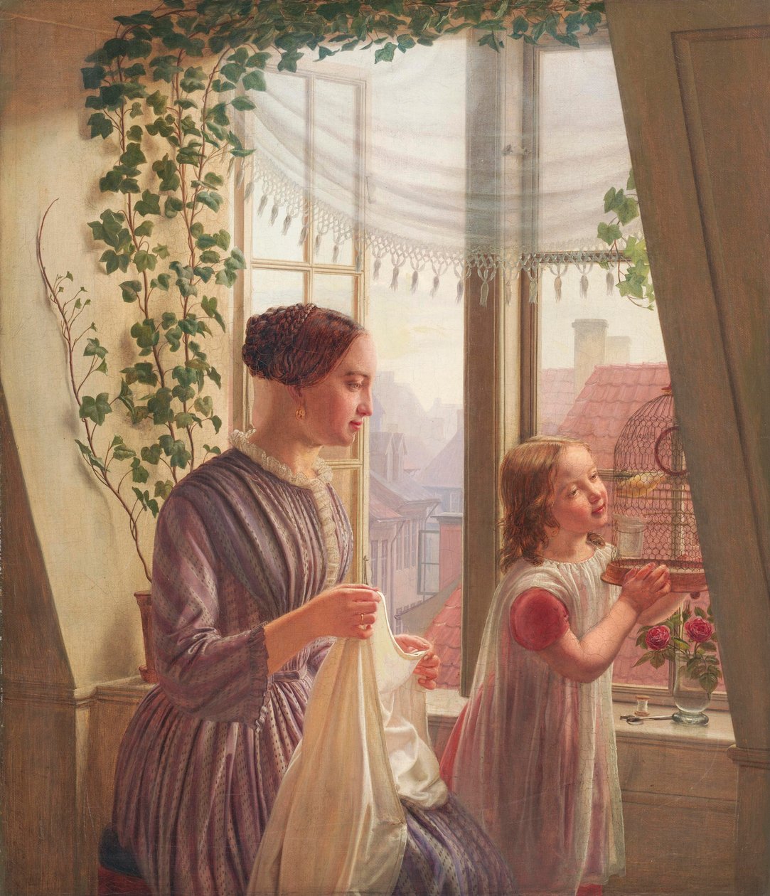 Sisätila, äiti ja tytär ikkunan ääressä, 1853 tekijältä Ludvig August Smith