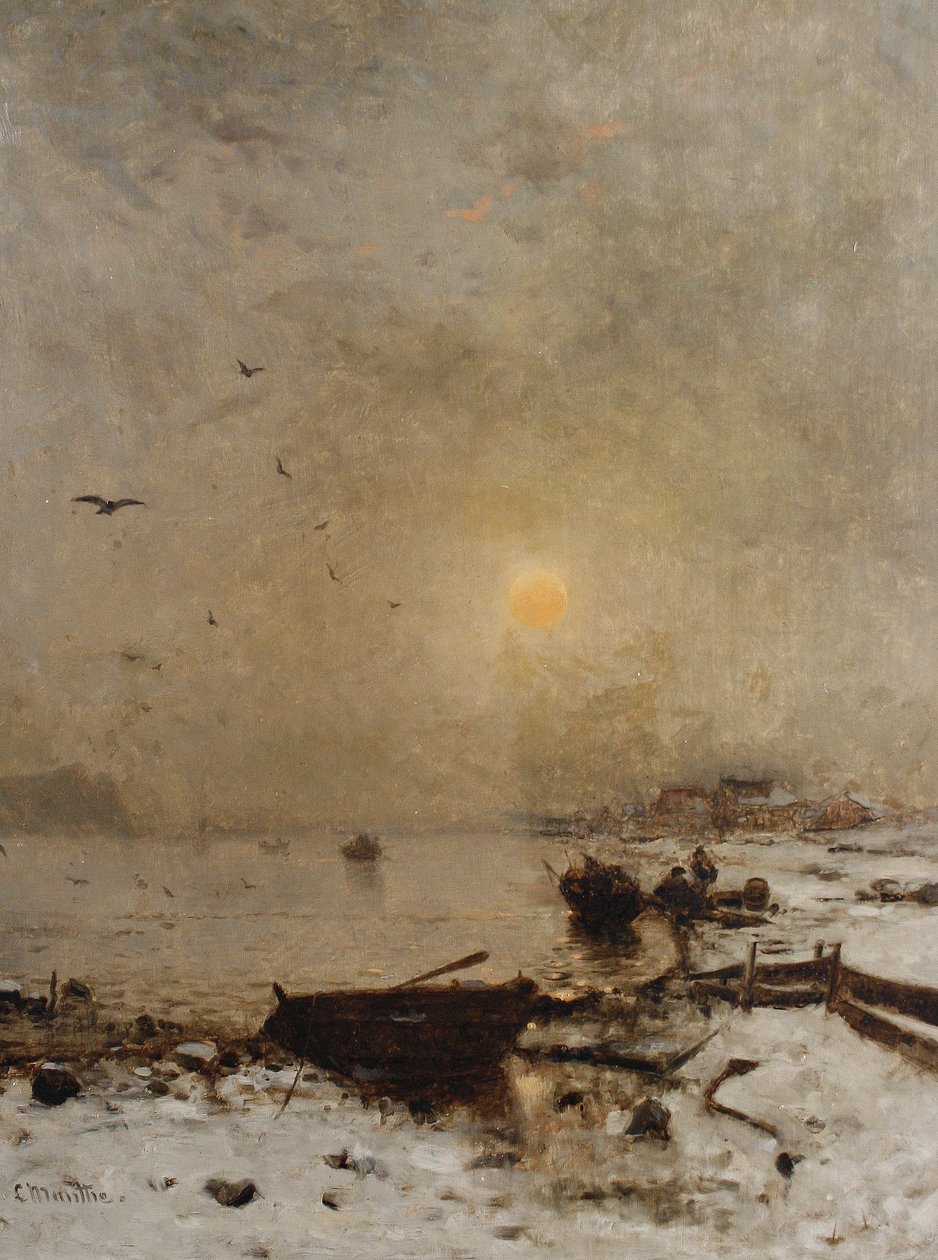 Auringonlasku järven yllä tekijältä Ludvig Munthe