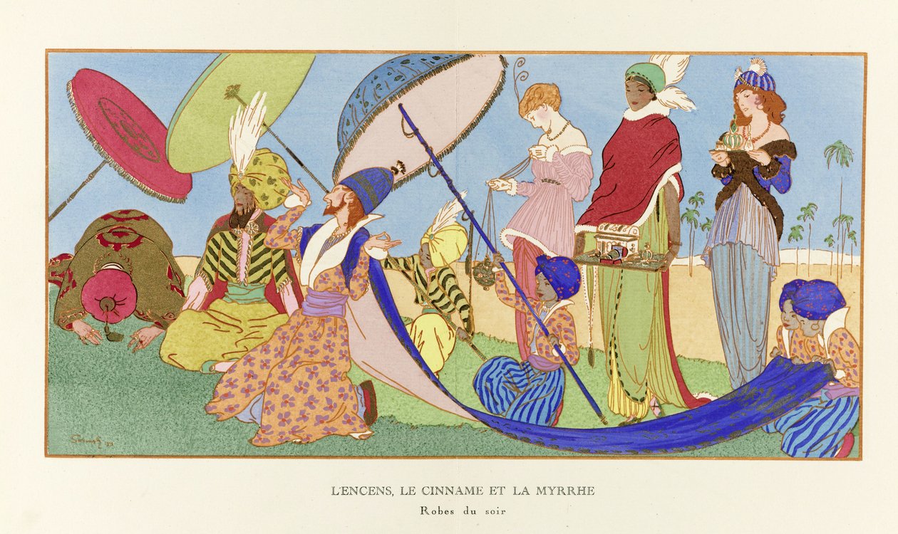 Suitsuketta, kanelia ja mirhaa La Gazette du Bon Ton -pubista. 1914 (stensiiliprintti) tekijältä Ludvik Strimpl