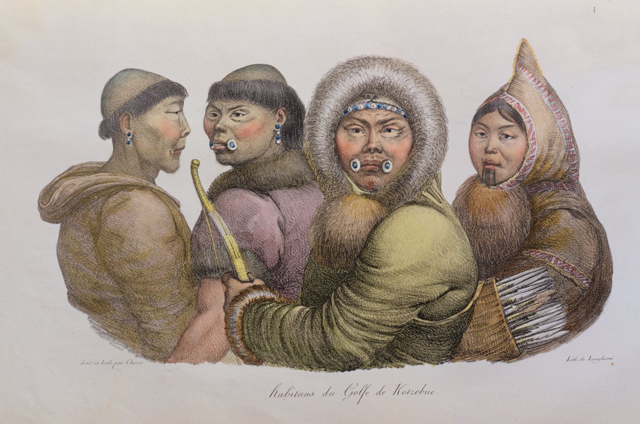 Alaskan Kotzebuen lahden alkuasukkaat, Voyage Picturesque Around the World, julkaistu 1822 tekijältä Ludwig Choris