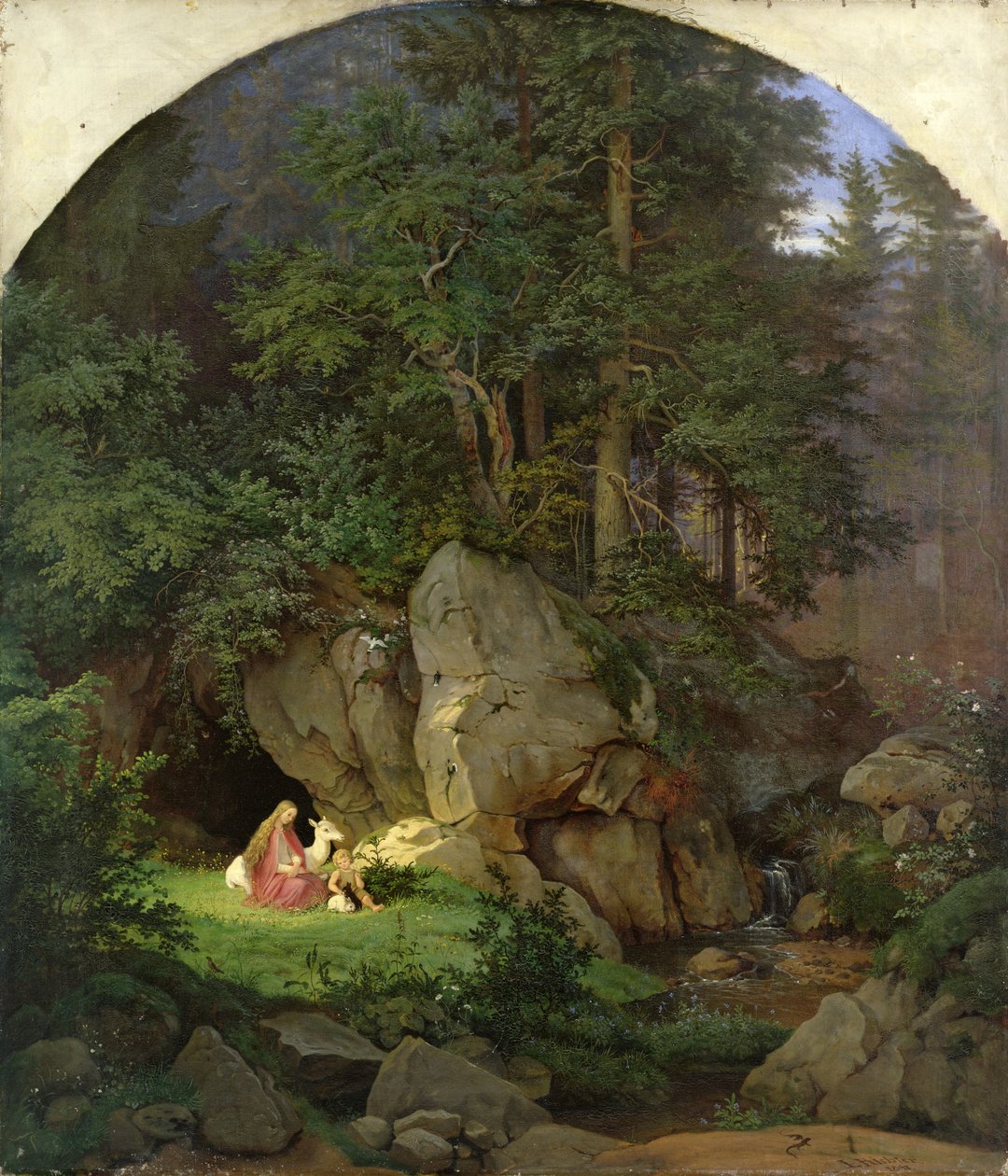 Genoveva metsäraivauksella, 1839-41 tekijältä Ludwig Adrian Richter