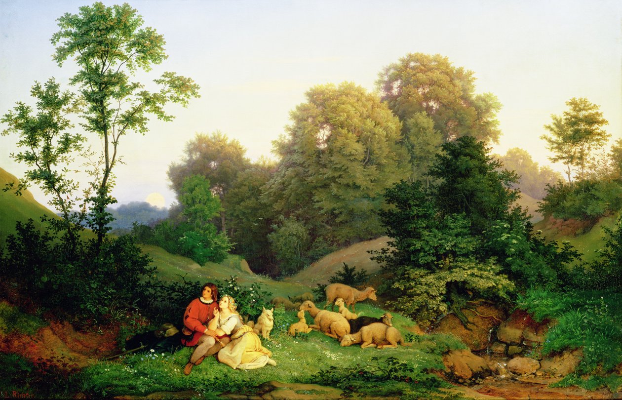 Paimen ja paimentar saksalaisessa maisemassa, 1844 tekijältä Ludwig Adrian Richter