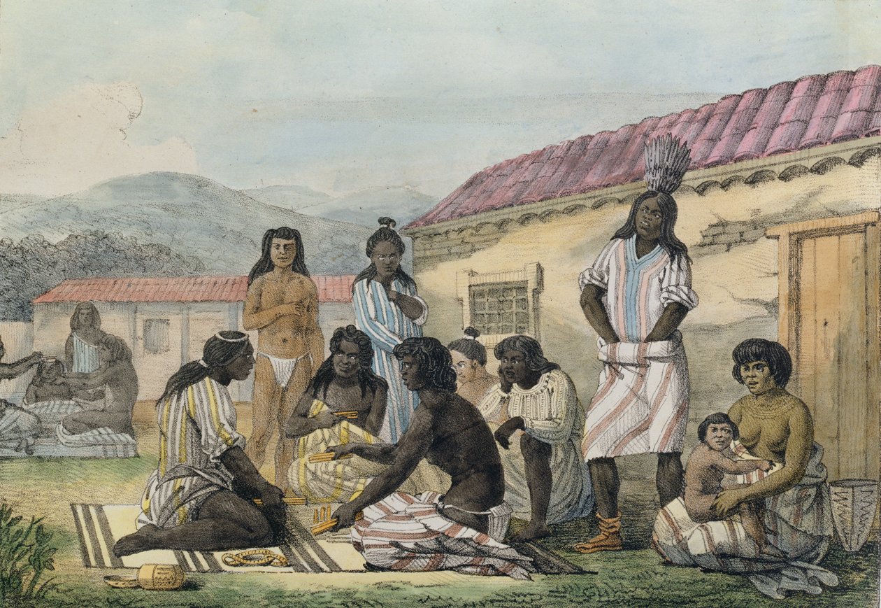 Kalifornian syntyperäisten pelaama peli Voyage Pittoresque Autour du Mondesta, Jean Pierre Norblinin (1745-1830) kaivertama, vuonna 1822 julkaistu. tekijältä Ludwig Choris