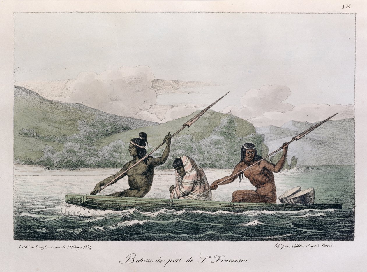Vene San Franciscon satamasta, "Voyage Pittoresque Autour du Monde", kaiverrettu Jean Pierre Norblin (1745-1830), julkaistu 1822 tekijältä Ludwig Choris