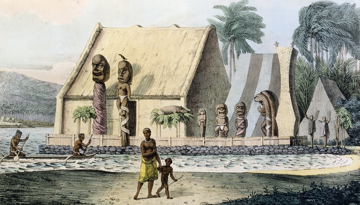 Kuninkaan temppeli Tiritatean lahdella, teoksesta Voyage Pittoresque Autour du Monde, kaiverrettu Jean Pierre Norblin (1745-1830), julkaistu vuonna 1822 tekijältä Ludwig Choris