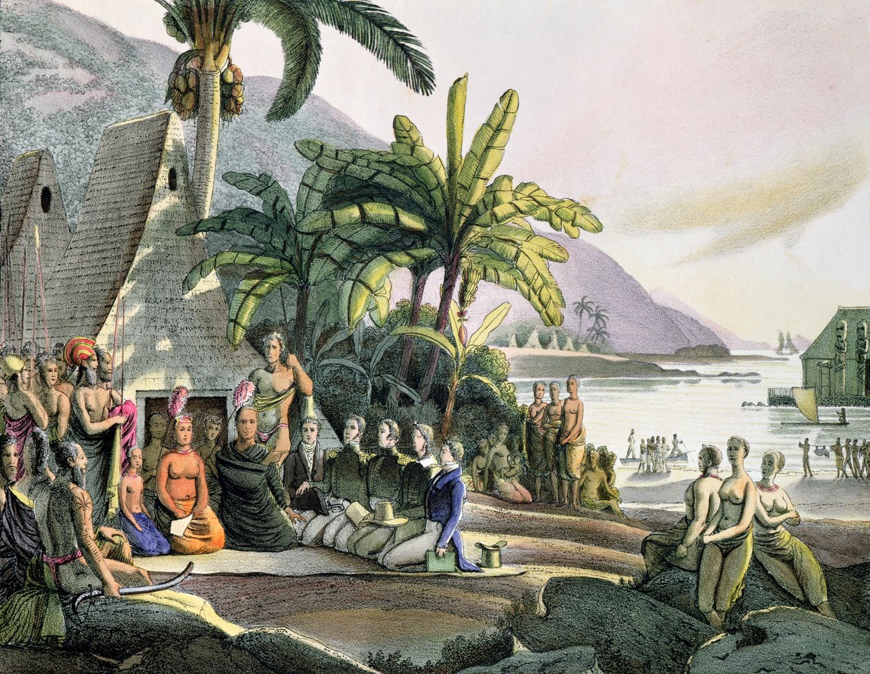 Otto von Kotzebuen (1788-1846) ja kuningas Kamehameha I:n (174052-1819) Ovayhin saaren retkikunnan tapaaminen tekijältä Ludwig Choris