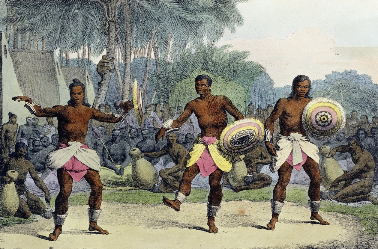 Sandwichsaarten alkuasukkaat tanssivat, "Voyage Pittoresque Autour du Monde", kaiverrettu Jean Augustin Franquelin (1798-1839), julkaistu 1822 tekijältä Ludwig Choris
