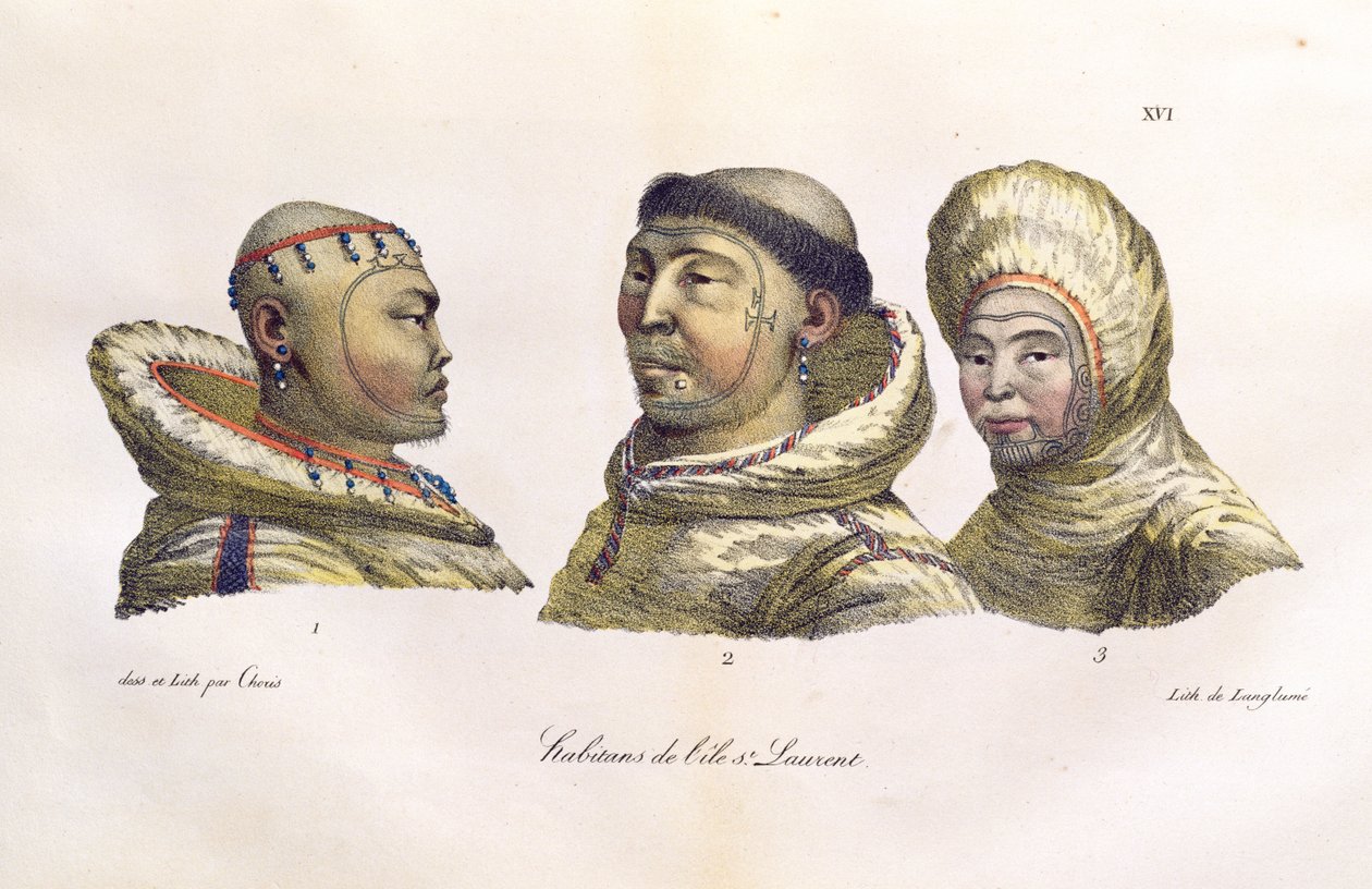 Alaskan St. Lawrence Islands -syntyperäiset, "Voyage Pittoresque Autour du Monde", julkaistu 1822 tekijältä Ludwig Choris