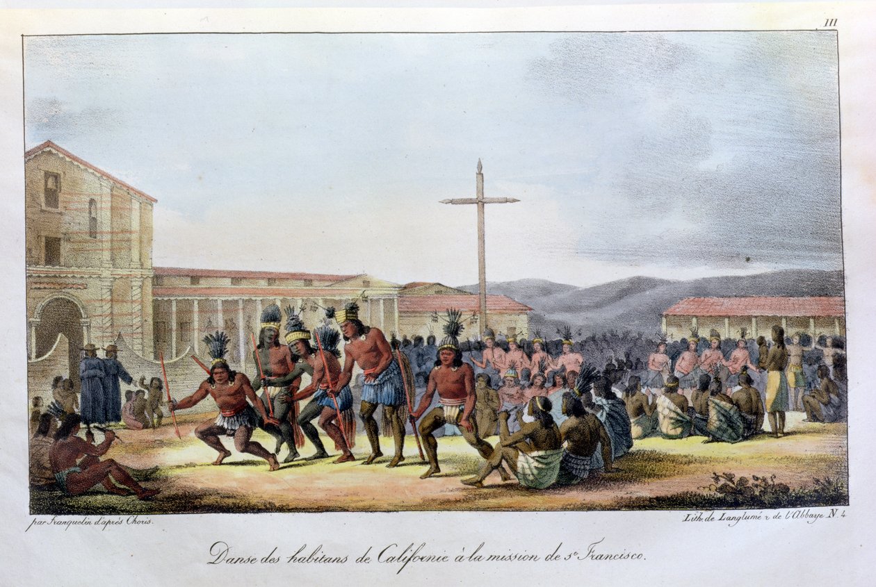 Kalifornian alkuperäisasukkaiden rituaalitanssi San Franciscon lähetyskentällä, "Voyage Pittoresque Autour du Monde", kaiverruksesta Jean Augustin Franquelin (1798-1839), julkaistu 1822 tekijältä Ludwig Choris