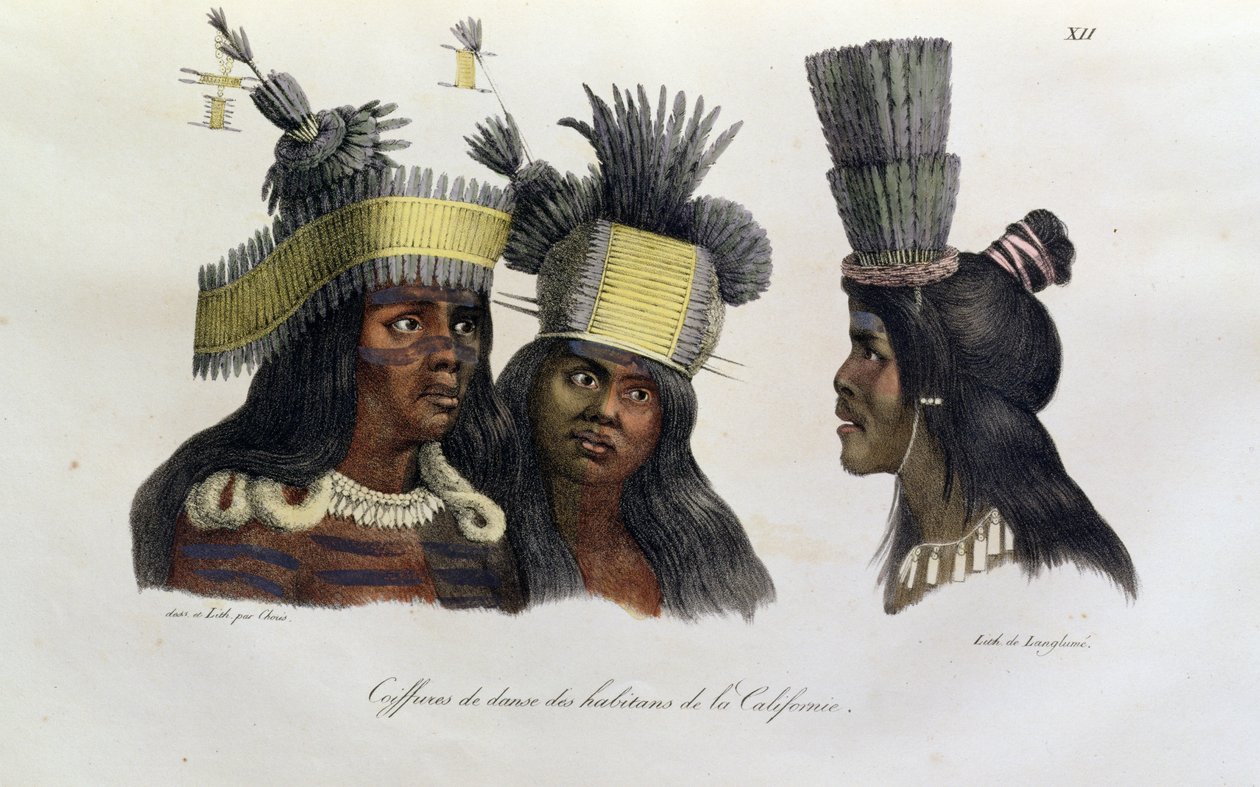 Kalifornian alkuperäiskansojen käyttämät rituaaliset päähineet Voyage Pittoresque Autour du Mondesta, julkaistu 1822 tekijältä Ludwig Choris