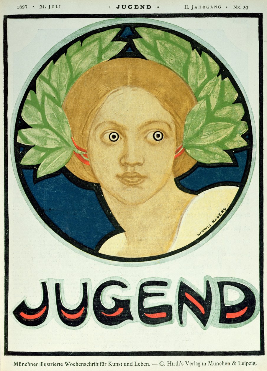 Nuori nainen laakeriseppeleellä, kuvitus Jugend-lehdestä, 24. heinäkuuta 1897 tekijältä Ludwig Raders