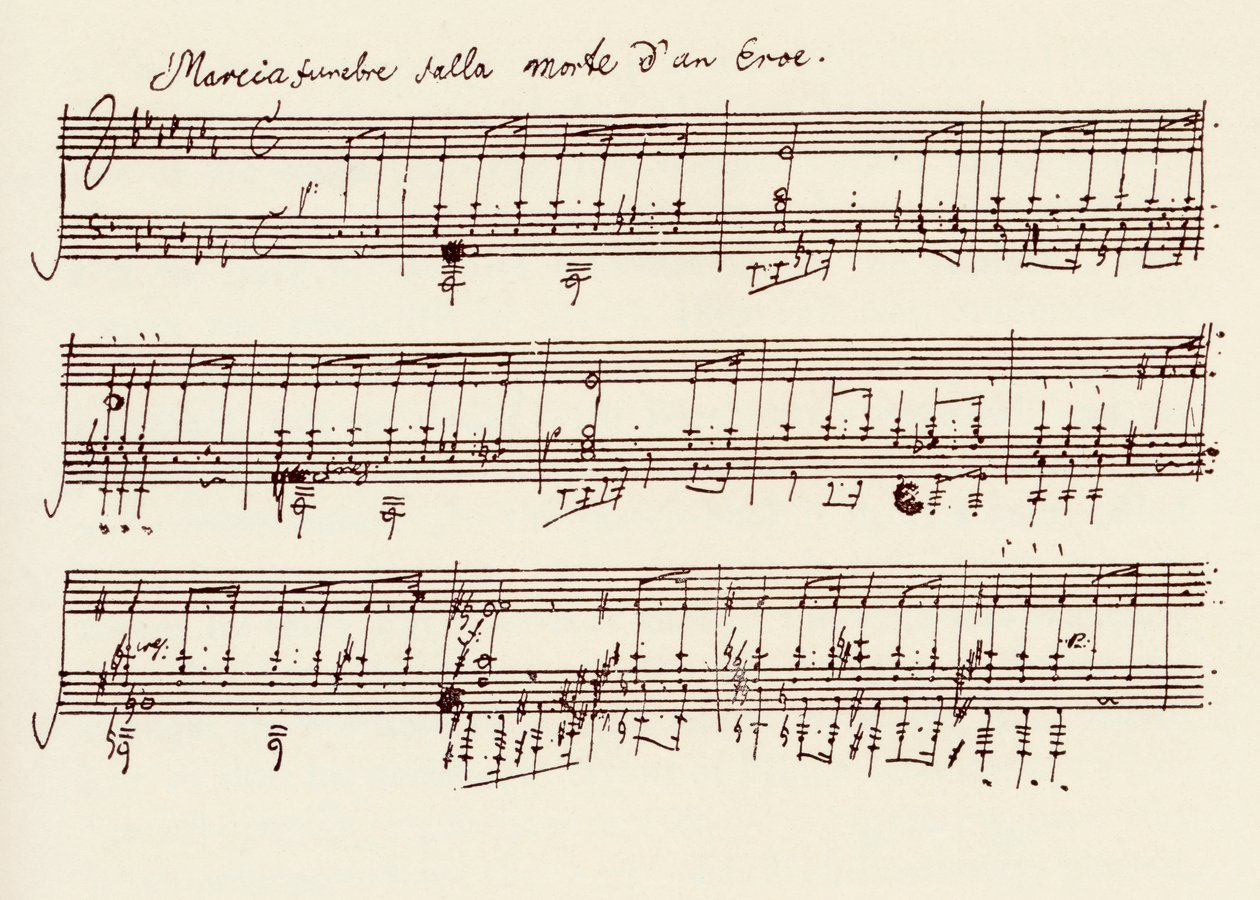 Osa Beethovenin litteä-duurisonaatin, Opus 26, käsikirjoitusta (kynä ja muste) tekijältä Ludwig van Beethoven