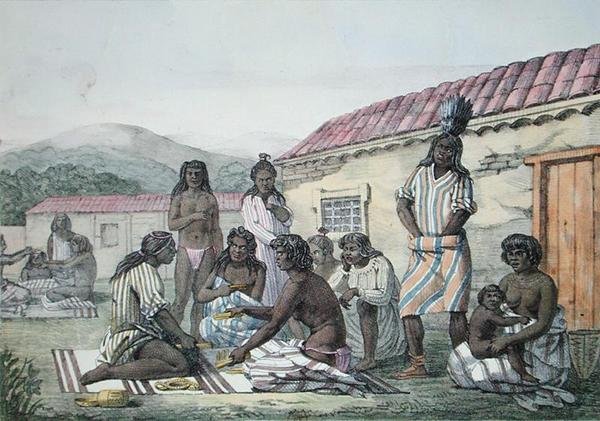 Peli, jota pelaavat Kalifornian alkuasukkaat, "Voyage Pittoresque Autour du Mondesta", kaiverrettu Jean Pierre Norblin (1745-1830), julkaistu 1822 (väri litho) tekijältä Ludwig Choris