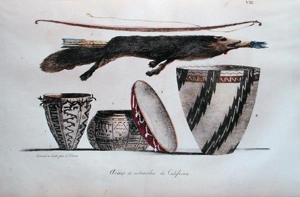 Arms and Utensils from California, Voyage Pittoresque Autour du Monde, julkaistu 1822 (värilitho) tekijältä Ludwig Choris