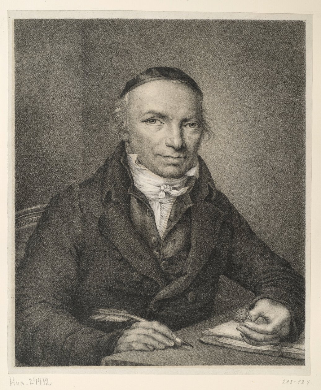 Johann Joachim Bellermann, puolivartalokuva pöydän ääressä, sinettisormus kädessään tekijältä Ludwig Buchhorn