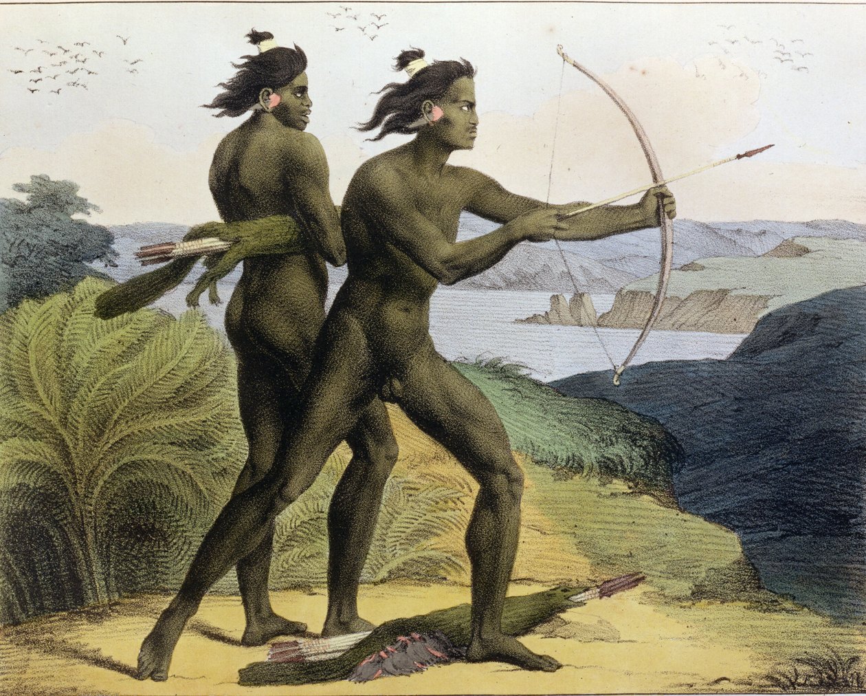Metsästys San Franciscon lahdella, teoksesta "Voyage Pittoresque Autour du Monde", kaiverrettu Jean Augustin Franquelin (1798-1839), julkaistu 1822 tekijältä Ludwig Choris