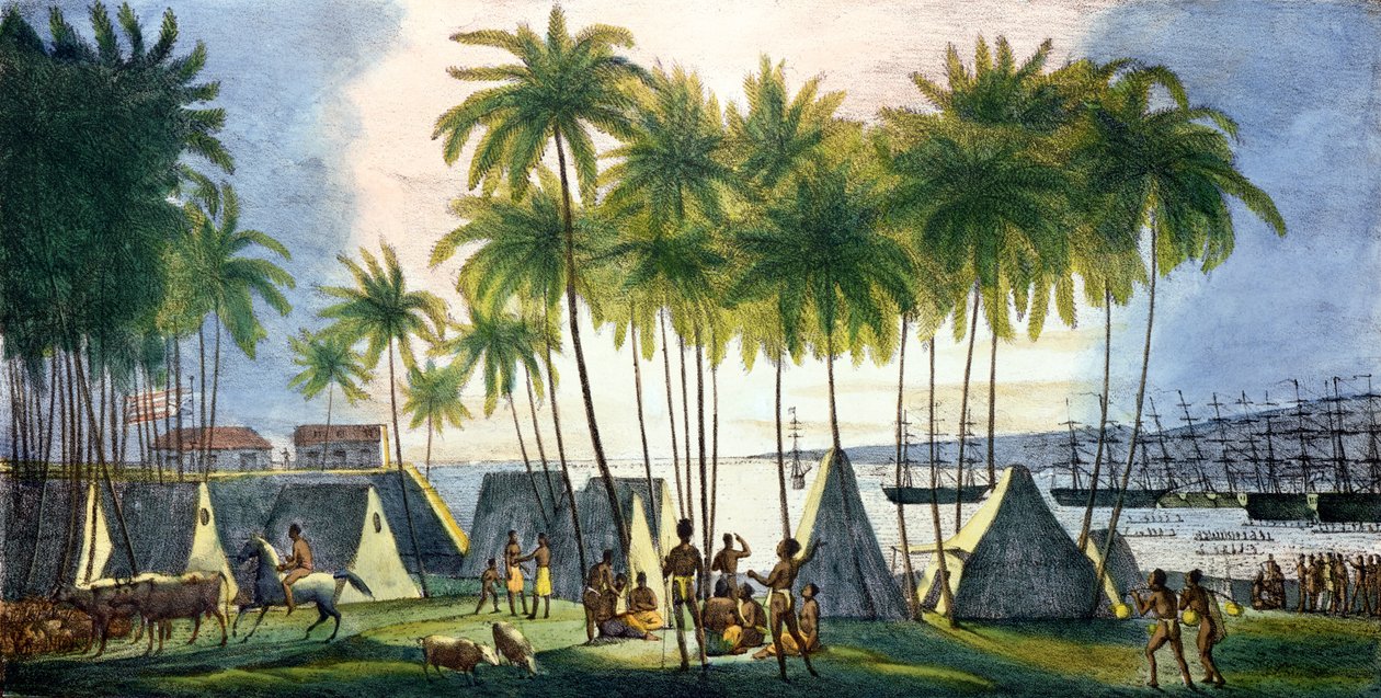 Hanarouroun satama Sandwichsaarilla, teoksesta Voyage Pittoresque autour du Monde, kaiverrus G. Langlume (fl.1822-40) 1822 tekijältä Ludwig Choris