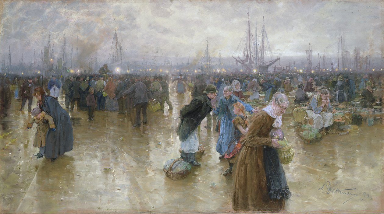 Altonan kalamarkkinat, 1890 pastelli kartongille. tekijältä Ludwig Dettmann