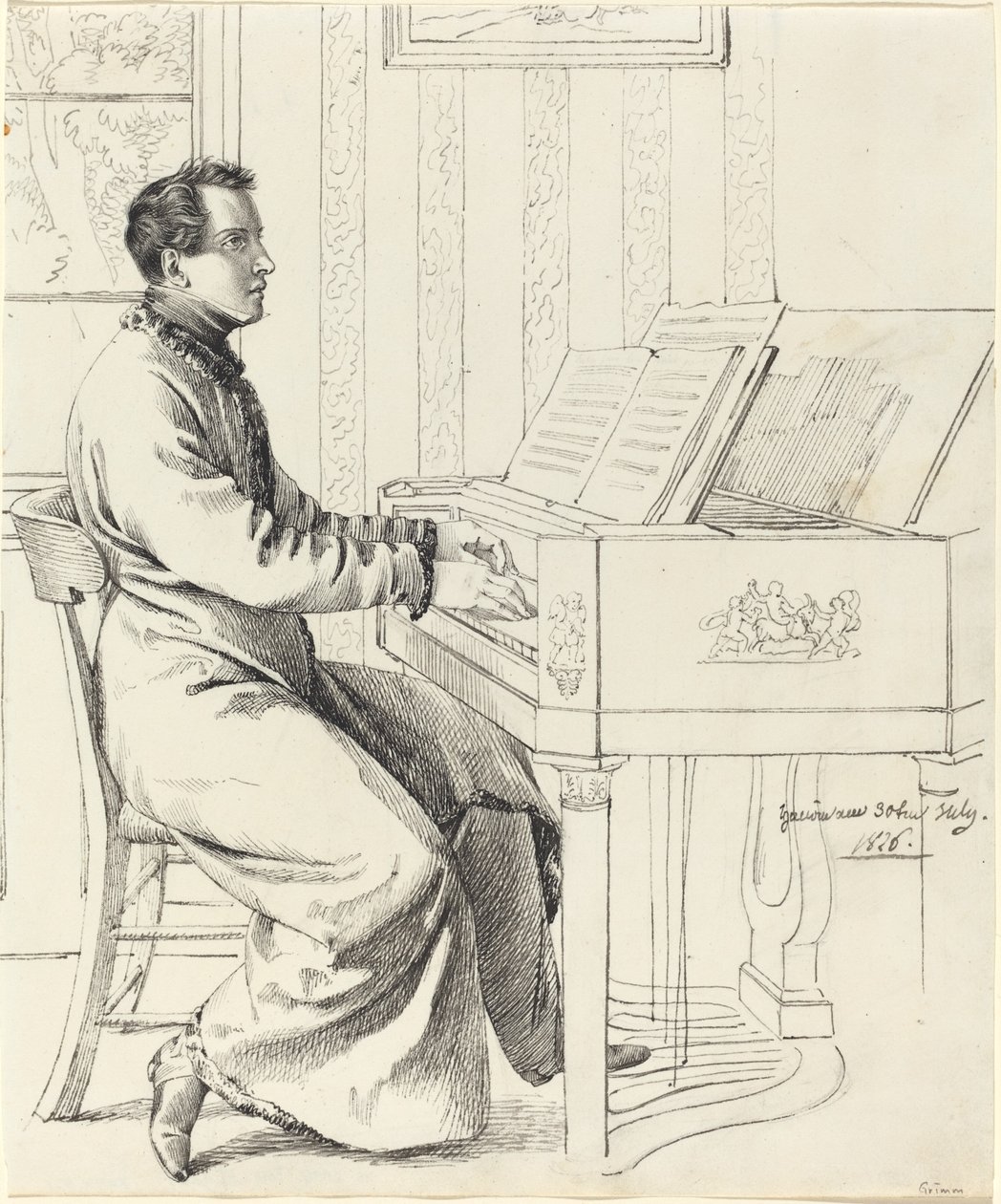 Taiteilijan lanko, Ludwig Hassenpflug, valmistautuu soittamaan pianoa tekijältä Ludwig Emil Grimm