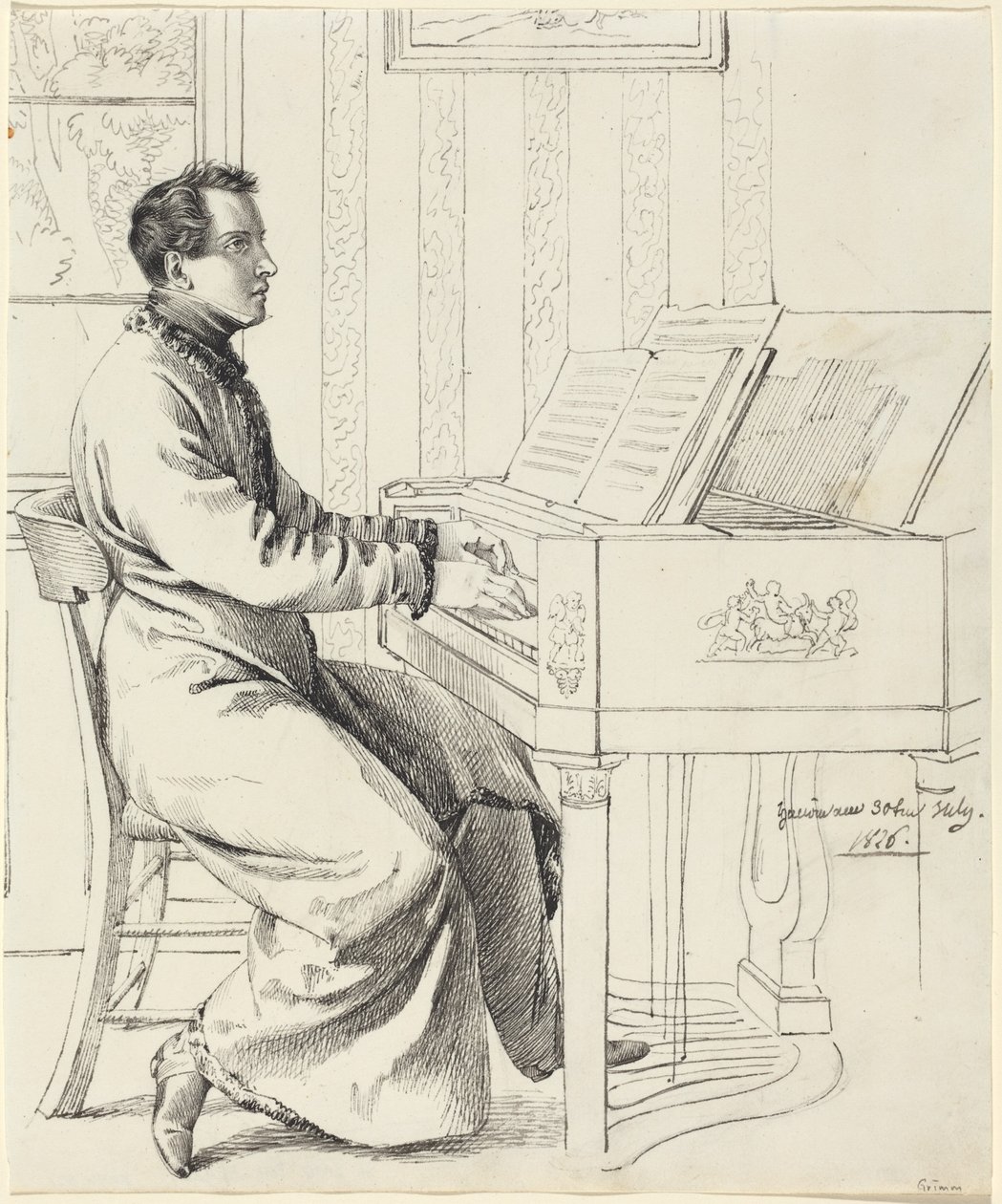 Taiteilijan lanko Ludwig Hassenpflug valmistautumassa soittamaan pianoa tekijältä Ludwig Emil Grimm