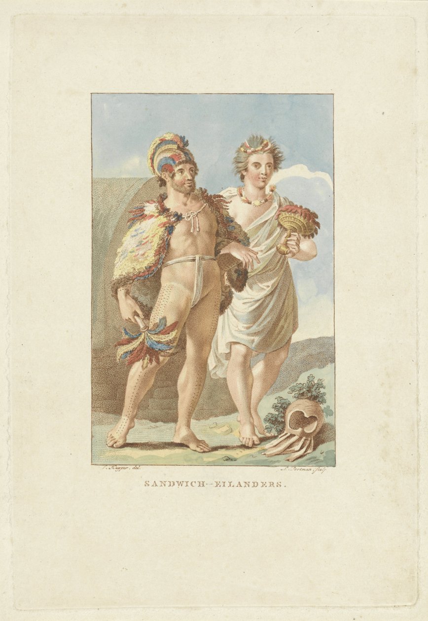 Sandwichsaarten (Hawaii) asukkaat Sandwichsaaret (otsikko esineessä) tekijältä Ludwig Gottlieb Portman