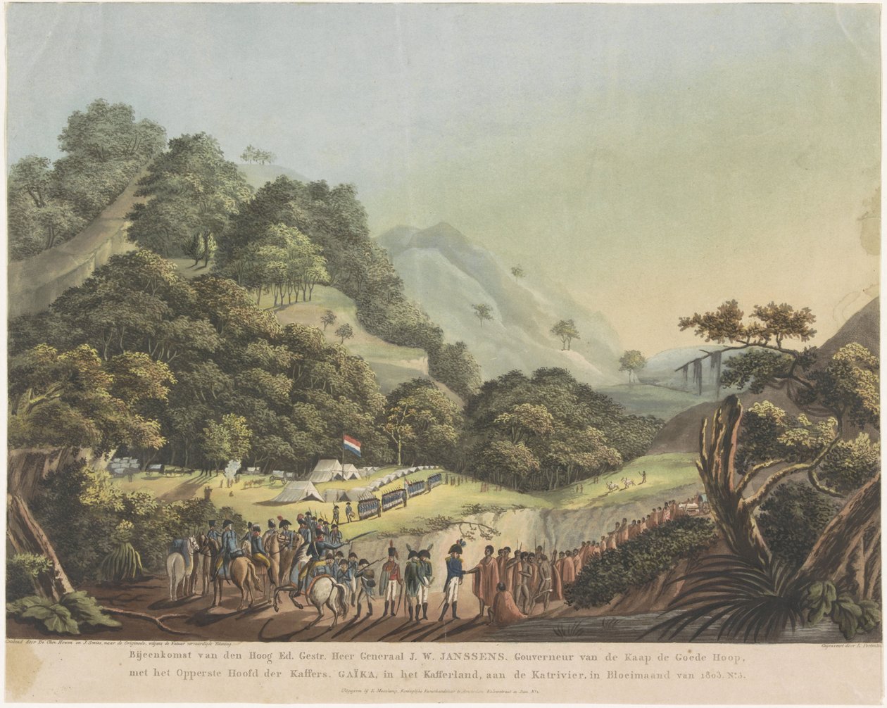 Kenraalikuvernööri Janssensin ja Xhosa-johtaja Gaikan tapaaminen, 1803 Yliopiston kokous. Gestr. Sir kenraali J.W. Janssens. Hyväntoivon niemen kuvernööri ja kaffirien ylin päällikkö. Gaika, Kaffirlandissa, Katrilla tekijältä Ludwig Gottlieb Portman