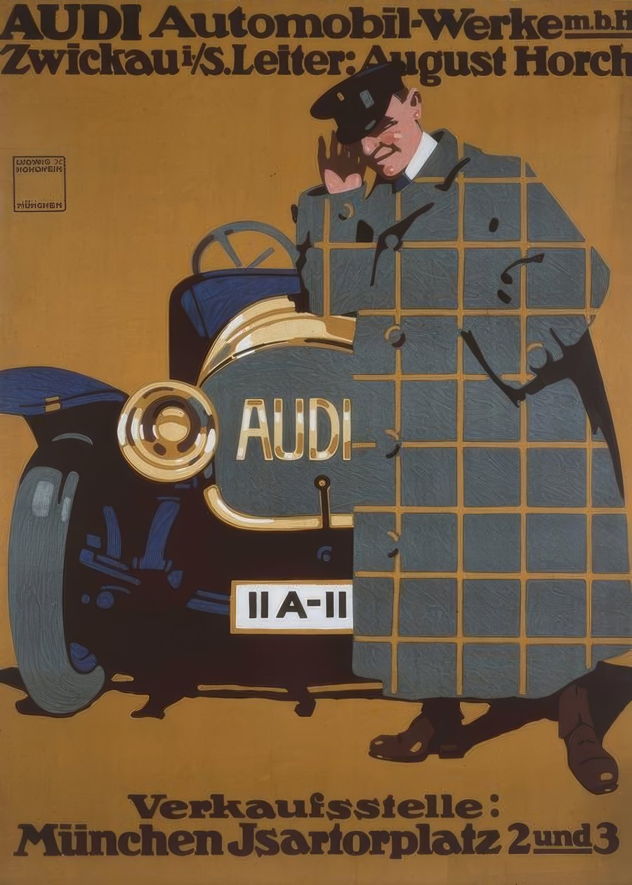 AUDI autotehtaat m. B. H. Zwickau i. S. Pää: August Horch tekijältä Ludwig Hohlwein