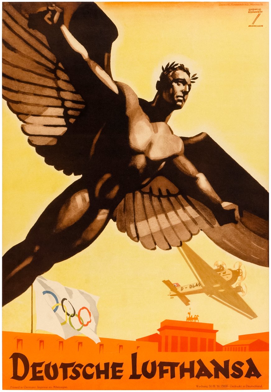 Deutsche Lufthansa, saksalaisen lentoyhtiön juliste vuoden 1936 olympialaisten mainostamiseksi natsi-Saksassa (juliste). tekijältä Ludwig Hohlwein