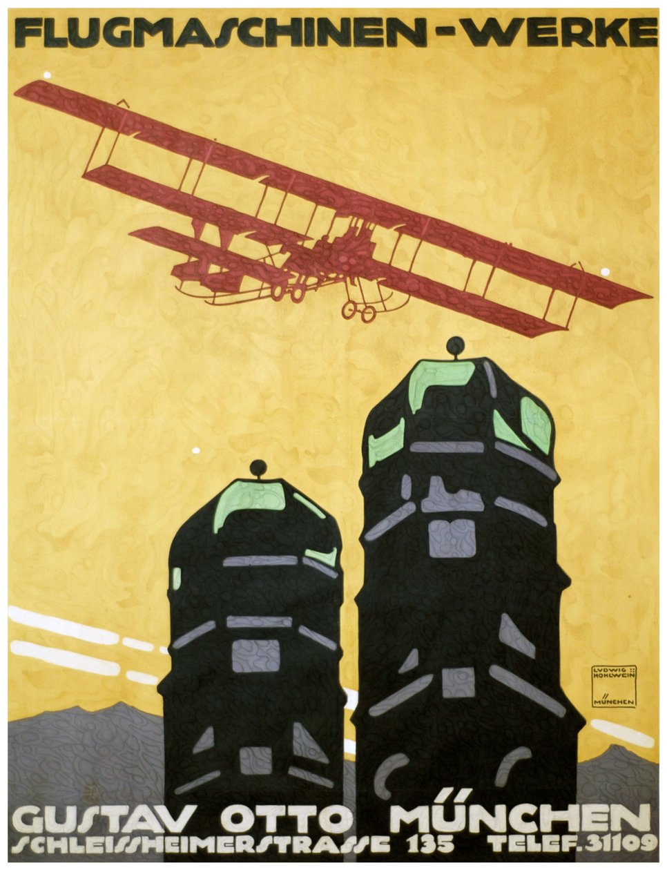 Lentävät koneet - teoksia, julisteita. 1912 (litografia) tekijältä Ludwig Hohlwein