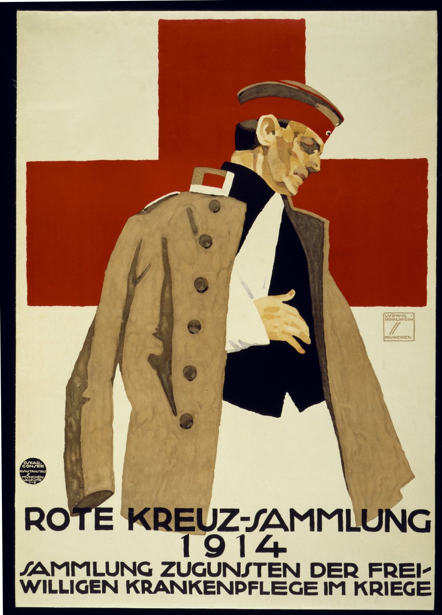 Campanha de arrecadação de fundos para a Cruz Vermelha Alemã, pub. 1914 (litho colorida)finlandesa tekijältä Ludwig Hohlwein