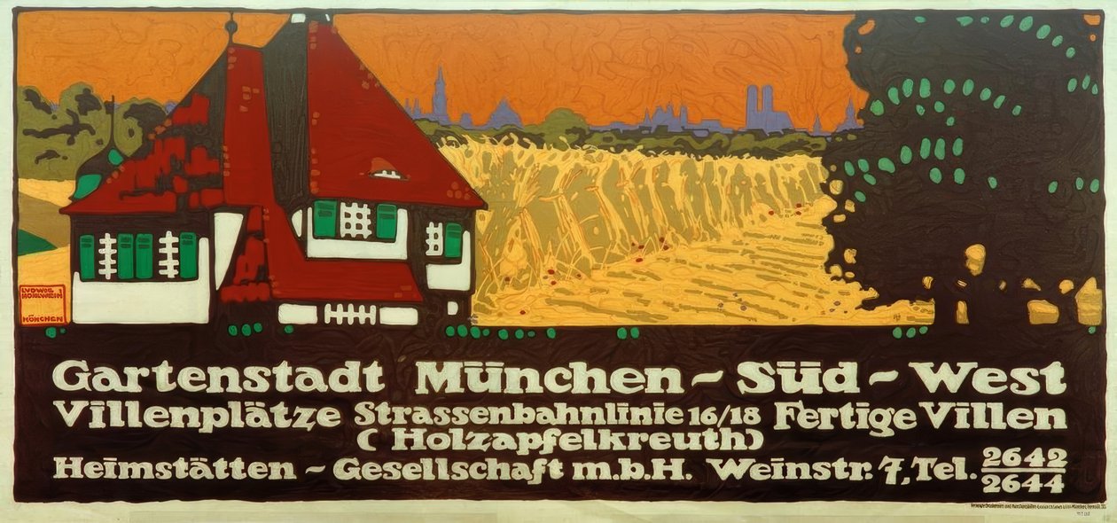 Puutarhakaupunki München-Lounais- / Villa-aukiot / Raitiovaunulinja 16/18 / Valmiit huvilat (Holzapfelkreuth) / Heimstätten-Gesellschaft m tekijältä Ludwig Hohlwein