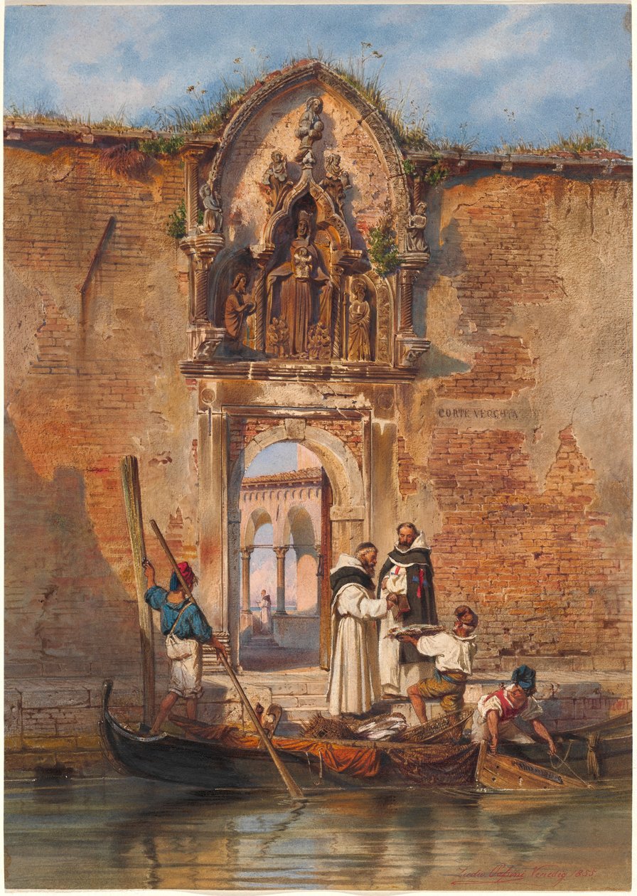 Munkit ostavat kalaa ennen Madonna della Misericordian portaalia tekijältä Ludwig Johann Passini