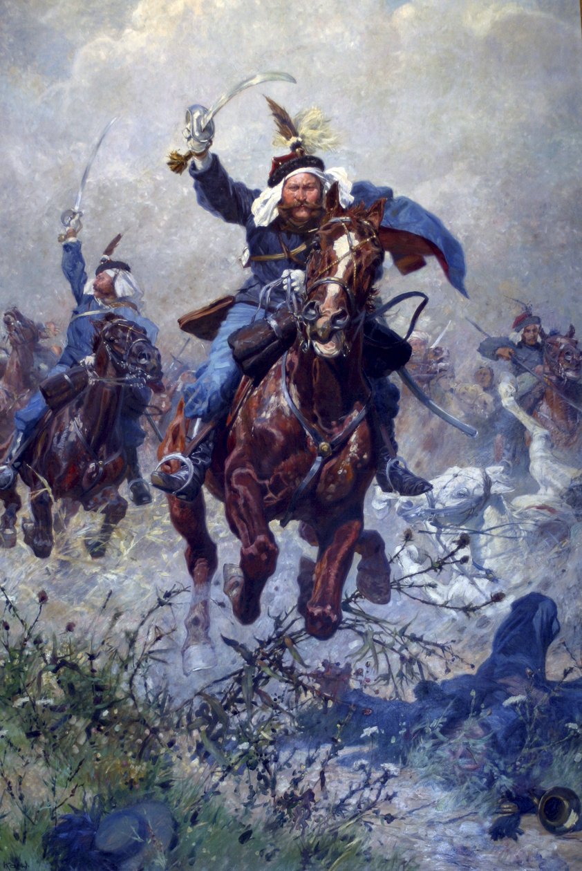 Eversti Maximilian Ritter von Rodakowski ja 13. uhlalaiset Custozan taistelussa 1866, 1908 (öljy pellavalle) tekijältä Ludwig Koch