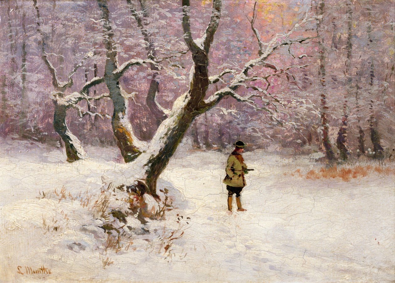 Talvimaisema metsästäjien kanssa (öljy kankaalle) tekijältä Ludwig Munthe