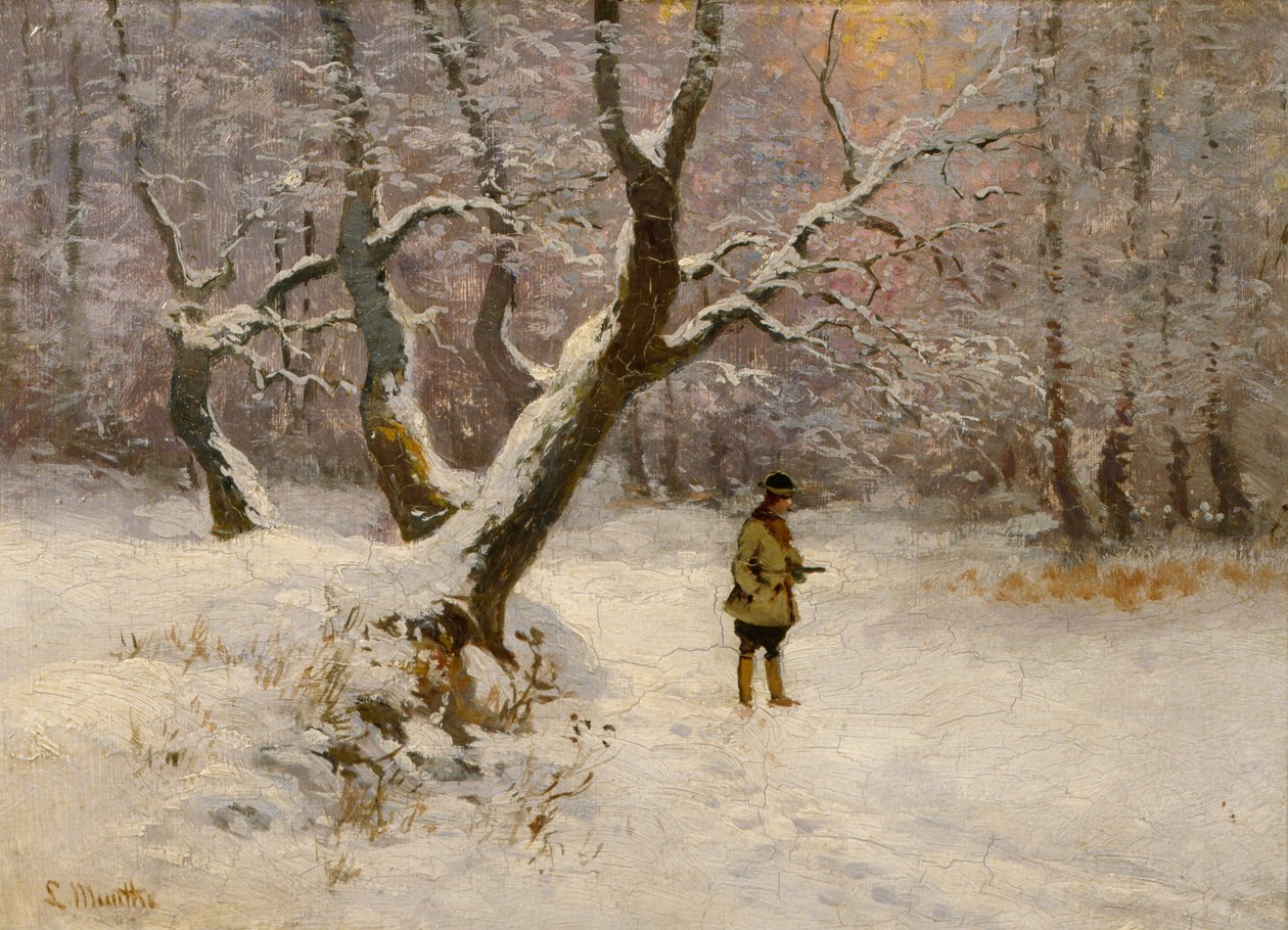 Talvimaisema metsästäjän kanssa tekijältä Ludwig Munthe