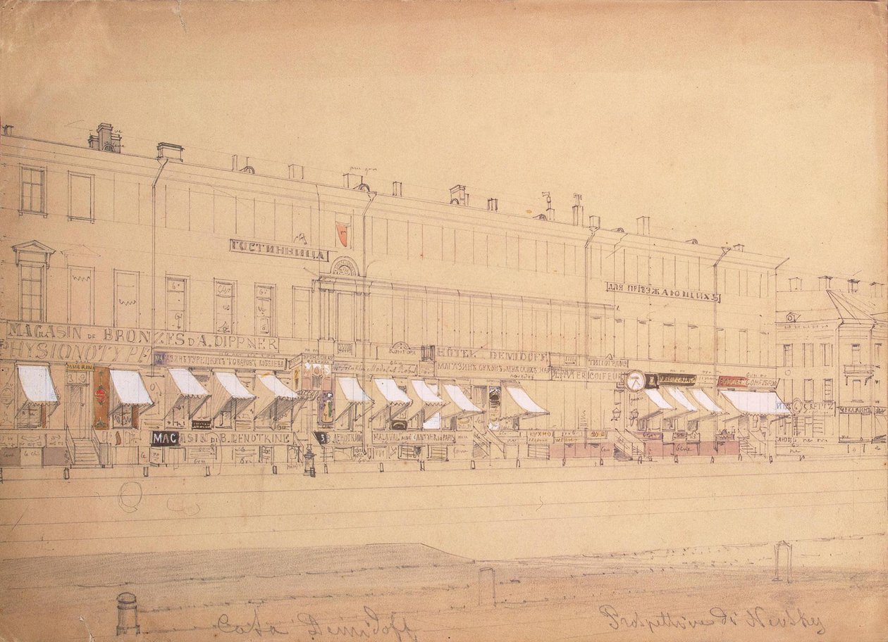 Demidov-hotelli Nevski Prospektilla Pietarissa, 1800-luvun puolivälissä tekijältä Ludwig Premazzi