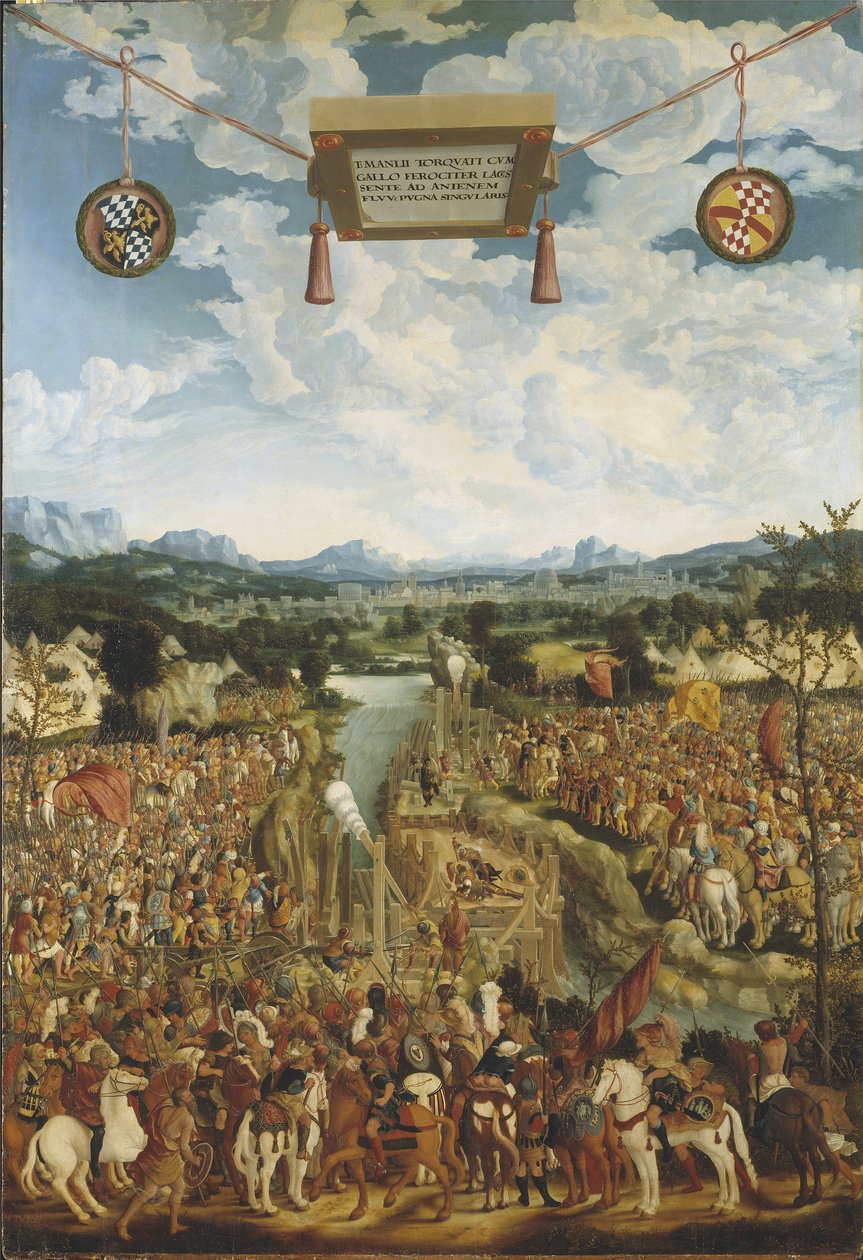 Titus Manlius Imperiosus Torquatus (4eme siecle avant JC) combat un gaulois - Manlius Torquatus taistelee galliaa vastaan, kirjoittanut Refinger, Ludwig (n. 1510-1549). Öljy puulle. Mitat: 160x109 cm. Tukholman kansallismuseo tekijältä Ludwig Refinger