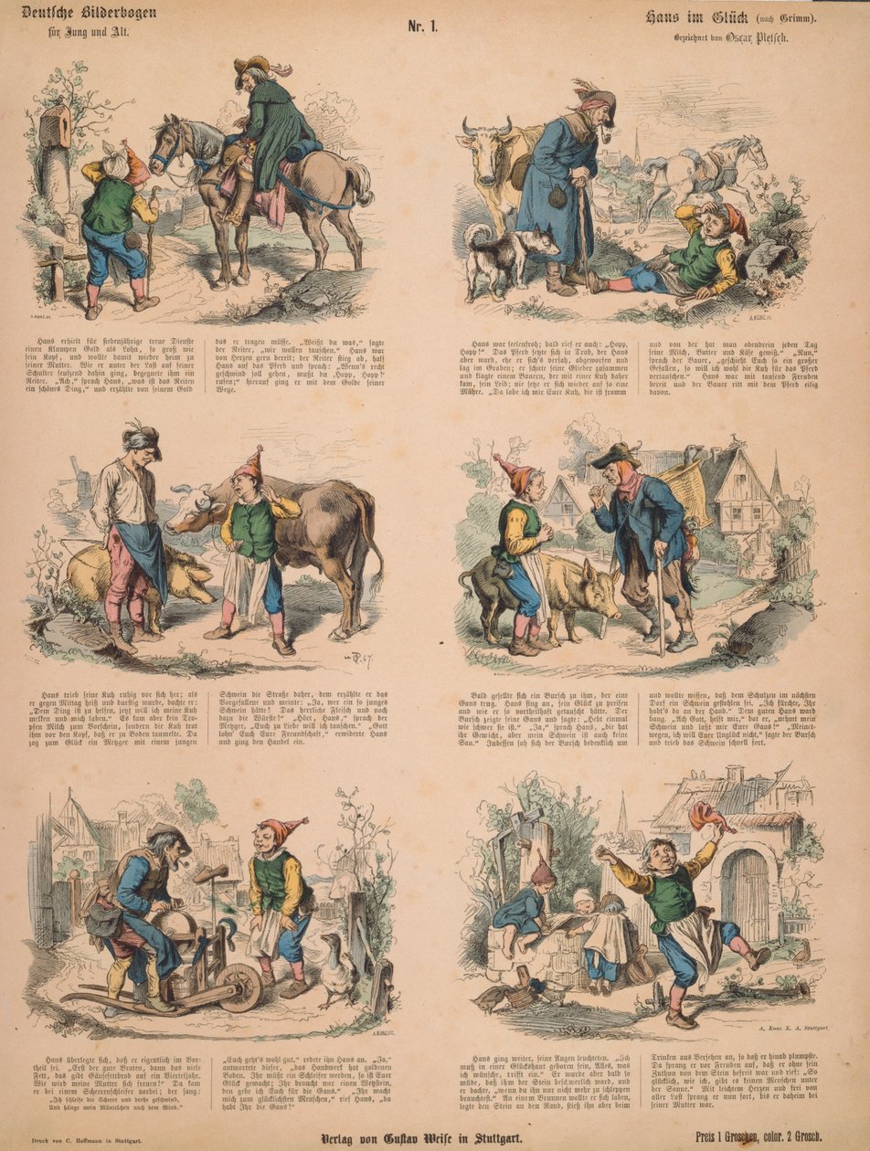Hans in Luck (Grimmin veljien mukaan), nro 213 Muenchener Bilderbogenista, julkaissut Braun & Schneider, München, 1880 tekijältä Ludwig Voltz