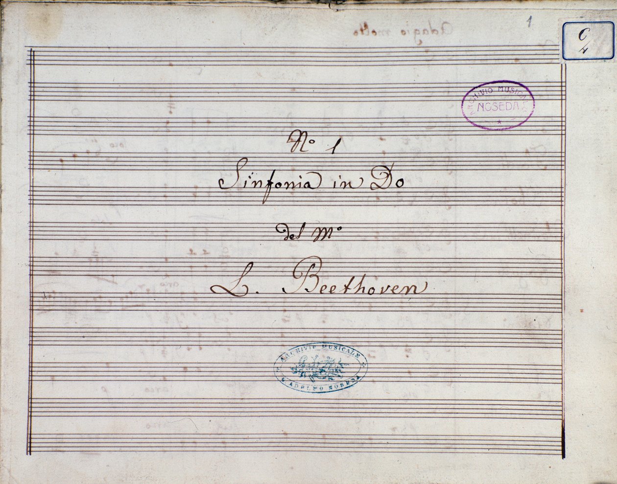 Ludwig van Beethovenin Sinfonia nro 1 ja C-duuri opus 21 nuottien ensimmäinen sivu tekijältä Ludwig van Beethoven