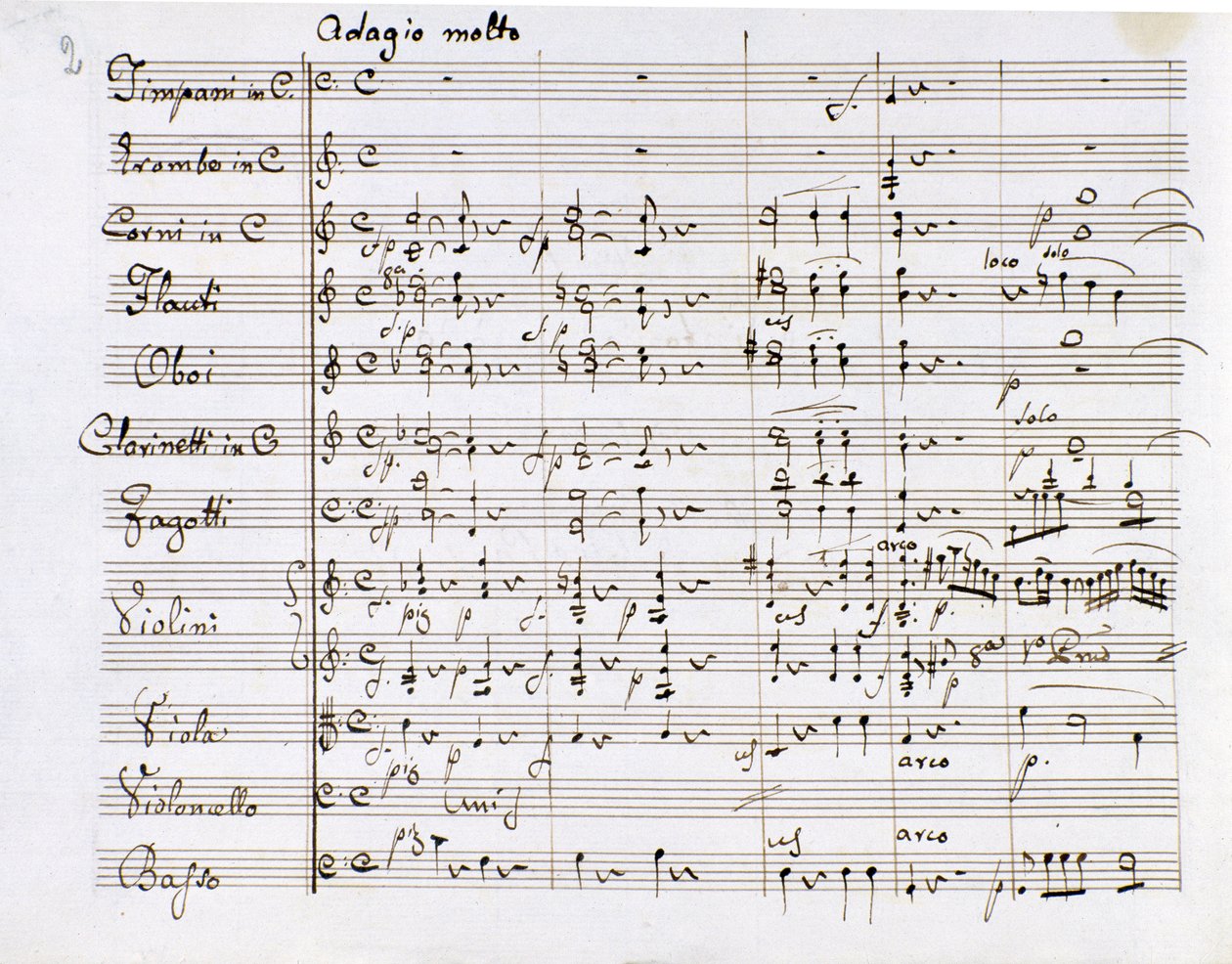 Saksalaisen säveltäjän Ludwig van Beethovenin (1770-1827) Sinfonia n:o 1 C-duuri (1799-1800) Milan Biblioteca del Conservatorio Milanon nuottilehti tekijältä Ludwig van Beethoven