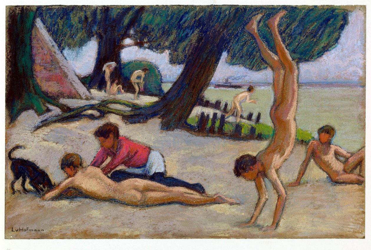 ""Pojat rannalla" (Boys on the beach) Pastellipiirros Ludwig von Hofmann (1861-1945) noin 1895 Koko 24,9x34,4 cm Staatliche Museen, Berliini tekijältä Ludwig von Hofmann