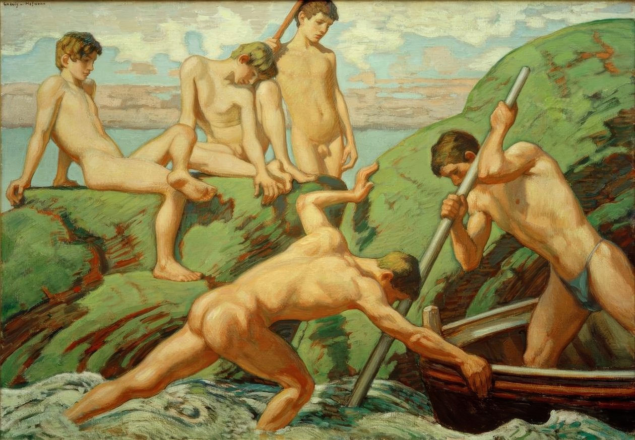Alastomia venemiehiä (kalastajaa) ja poikia vihreällä rannalla tekijältä Ludwig von Hofmann
