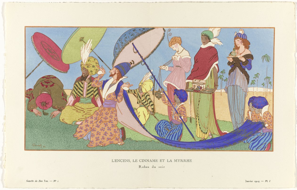 Gazette du Bon Ton, 1914 - nro 1, osa I: Suitsuke, Cinname ja Mirha / Iltapuvut. (otsikko esineessä) tekijältä Ludwik Strimpl