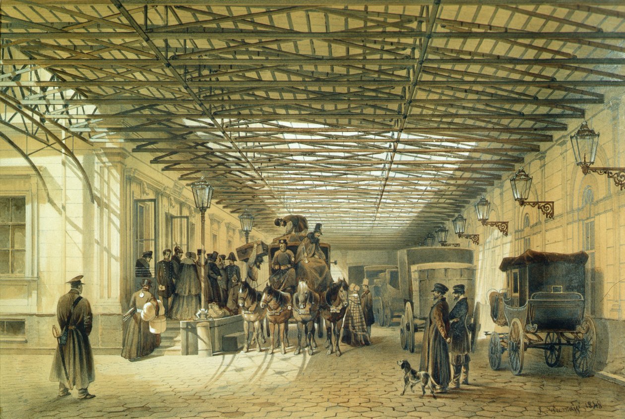 Stagebussin lähtö Pietarin asemalta, 1848 tekijältä Luigi Premazzi