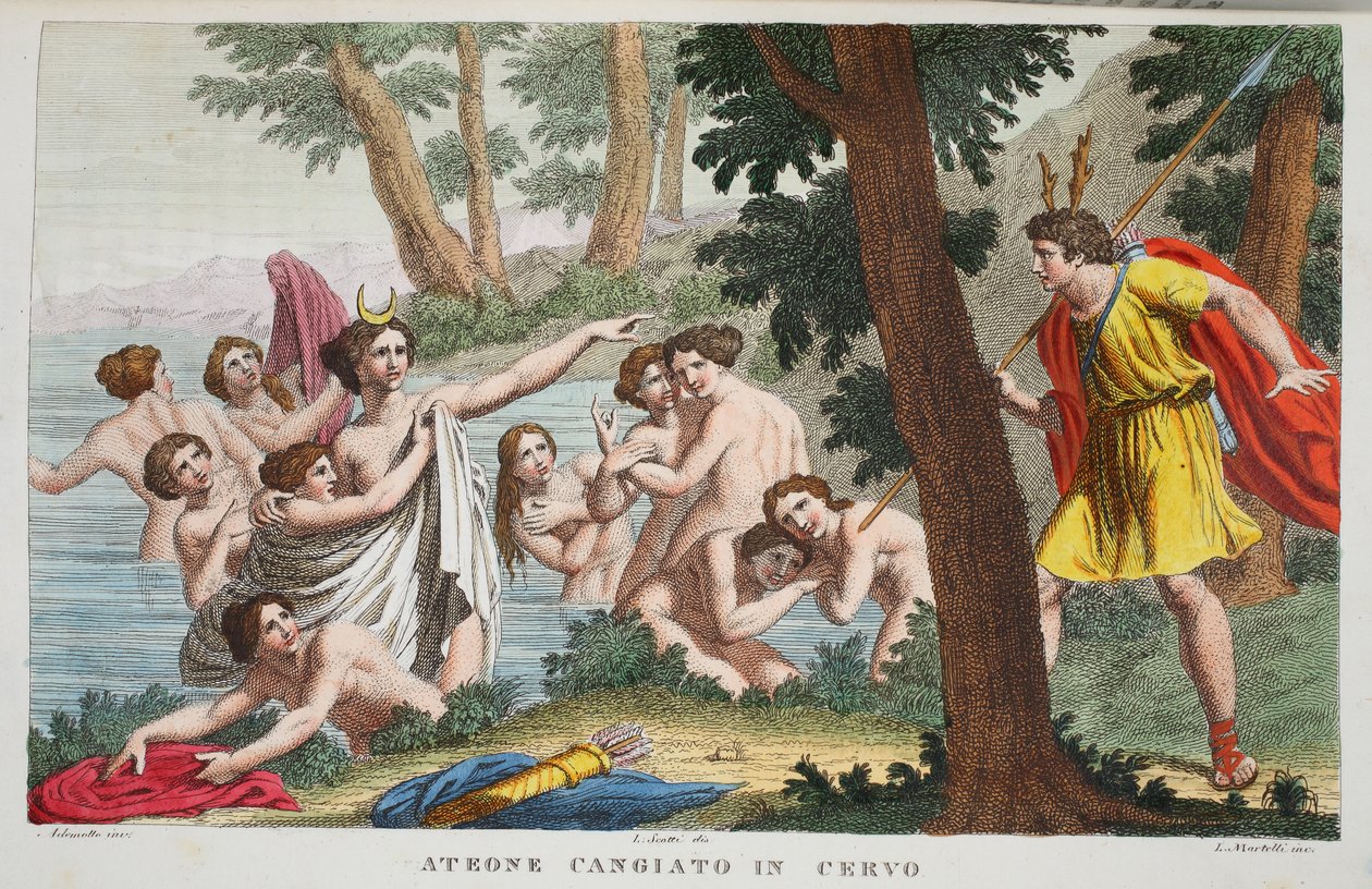 Actaeon in a Stag tai Ateone Cangiato in Cervo, kuvitus Ovidian Metamorphosesista, Firenze, 1832 (käsinvärinen kaiverrus) tekijältä Luigi Ademollo
