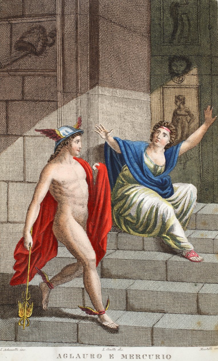 Aglauros ja Merkurius tai Aglauro e Mercurio, kuvitus Ovidian Metamorphosesista, Firenze, 1832 (käsinvärinen kaiverrus) tekijältä Luigi Ademollo