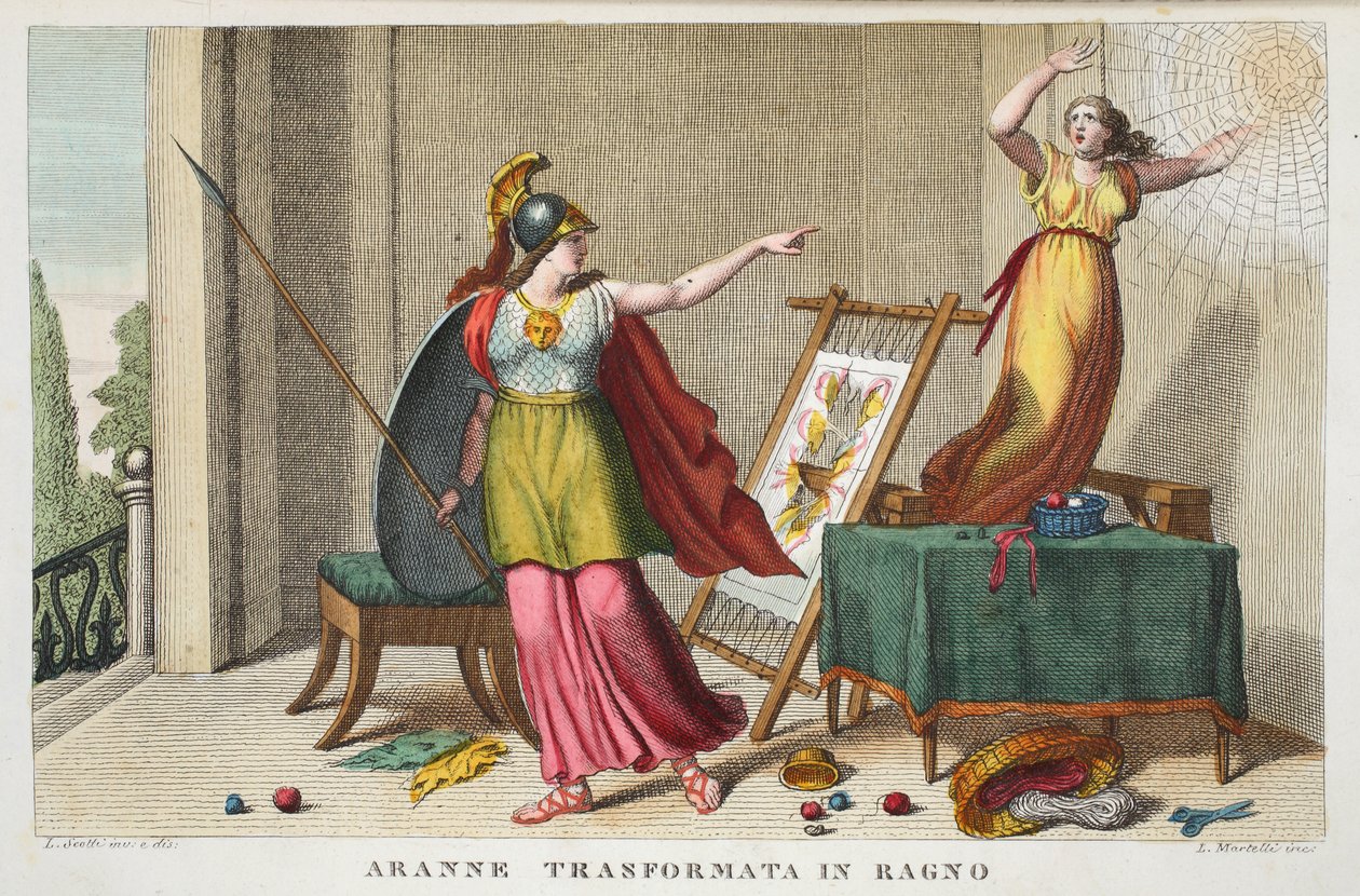 Arachne hämähäkkiksi tai Aranne Trasformata Ragnossa, VI kirja, kuvitus Ovidiuksen muodonmuutoksista, Firenze, 1832 (käsinvärinen kaiverrus) tekijältä Luigi Ademollo