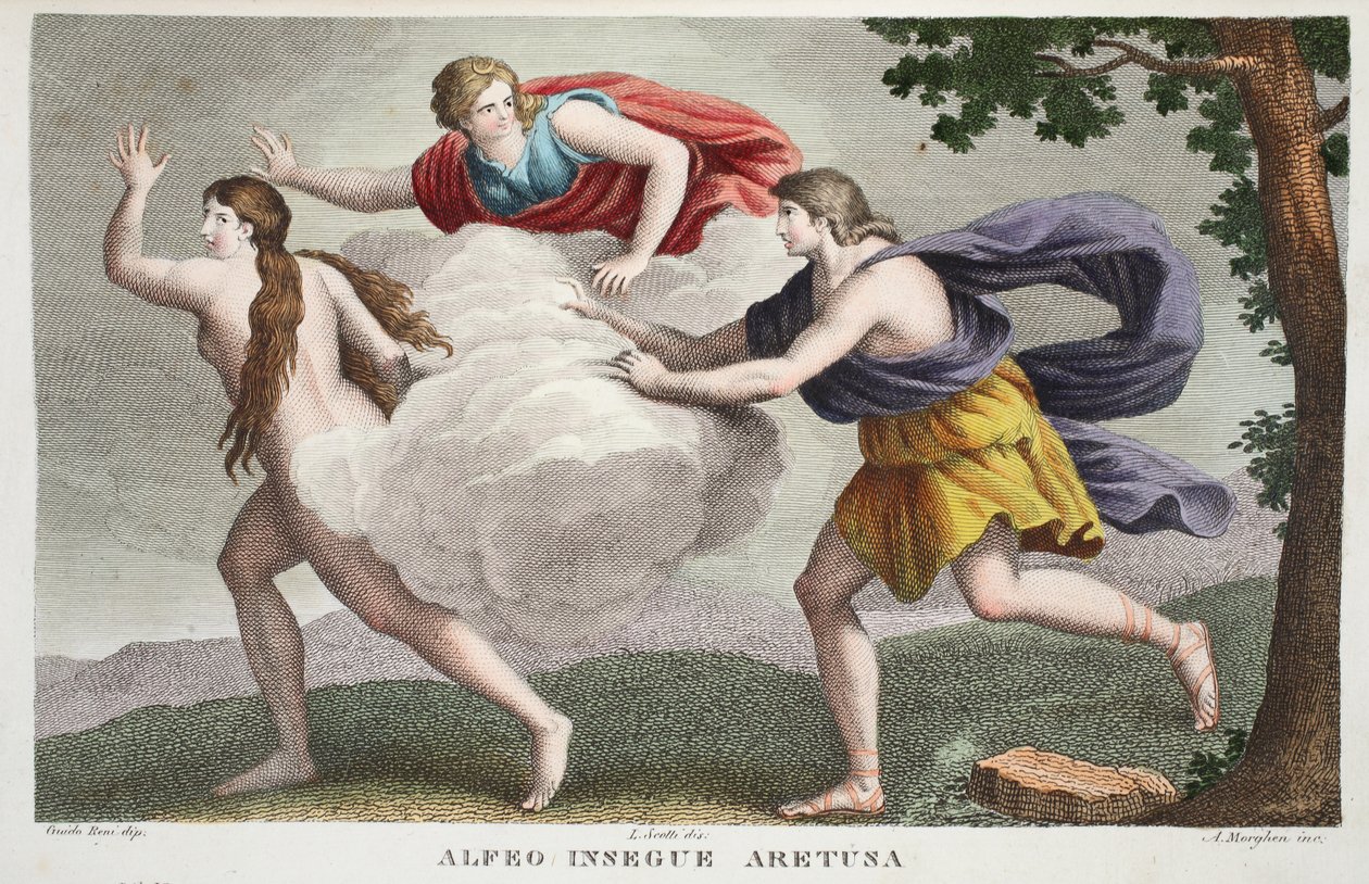 Arethusa suihkulähteeksi tai Alfeo Insegue Aretusa, V kirja, kuvitus Ovidiuksen muodonmuutosteoksesta, Firenze, 1832 (käsinvärinen kaiverrus) tekijältä Luigi Ademollo