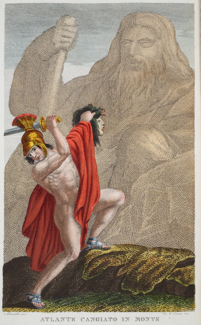 Atlas vuorelle tai Atlante Cangiato Montessa, kirja IV, kuvitus Ovidiuksen muodonmuutoksista, Firenze, 1832 (käsinvärinen kaiverrus) tekijältä Luigi Ademollo