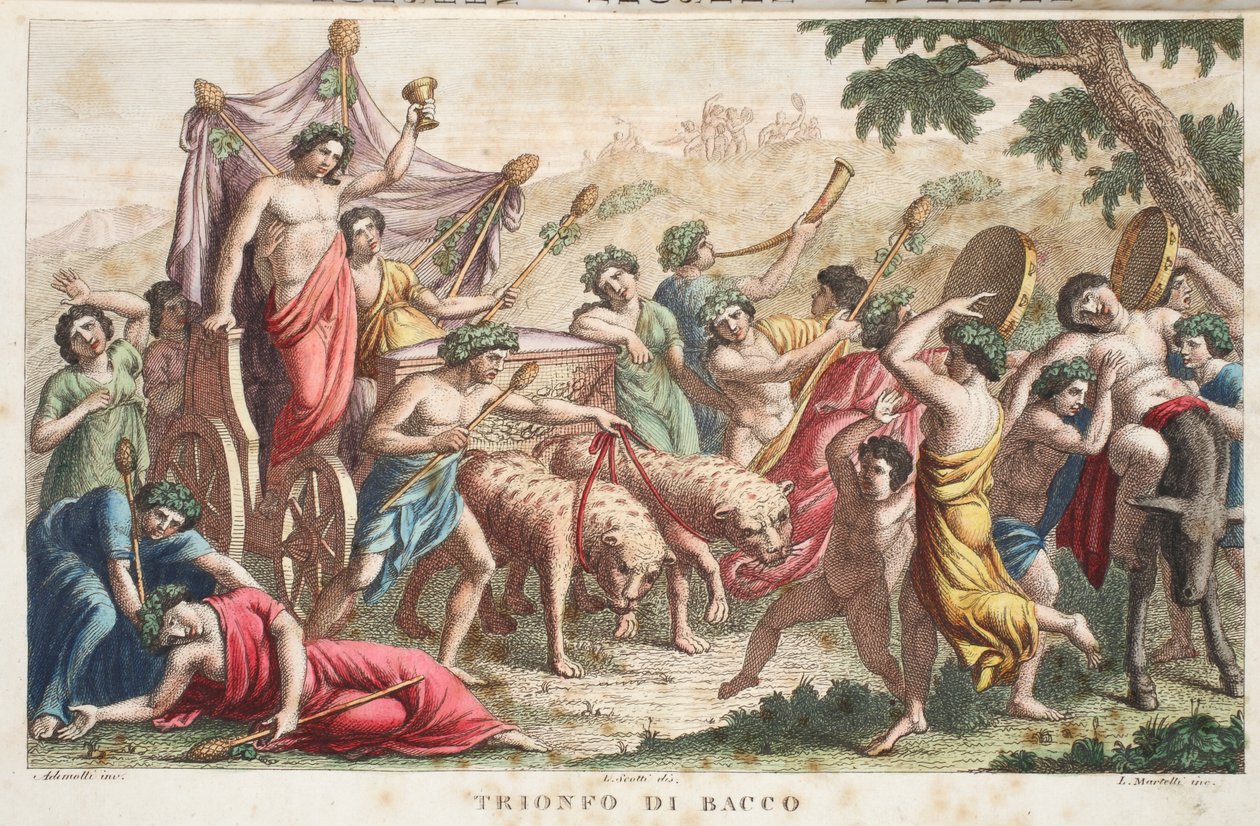 Bacchuksen riitit tai voitto tai Trionfo di Bacco, III kirja, kuvitus Ovidiuksen muodonmuutoksesta, Firenze, 1832 (käsinvärinen kaiverrus) tekijältä Luigi Ademollo
